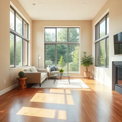 Freshly painted modern Milwaukee living room with neutral walls, hardwood floors, large windows, and stylish decor
