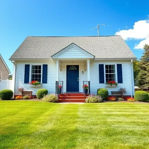 Beautifully painted New England style home in Port Washington with white siding, navy door, and vibrant flowers.
