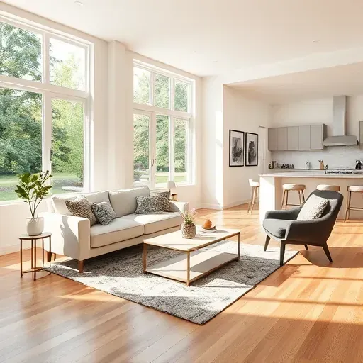 Freshly painted modern living room in Thiensville WI with neutral walls, natural light, hardwood floors, stylish furniture, and lush outdoor views