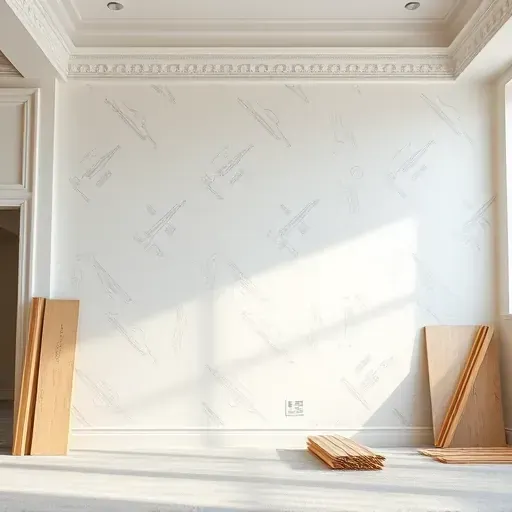 Smooth drywall finished wall in modern commercial space with precise joints, neutral tones, clean tools, and natural lighting