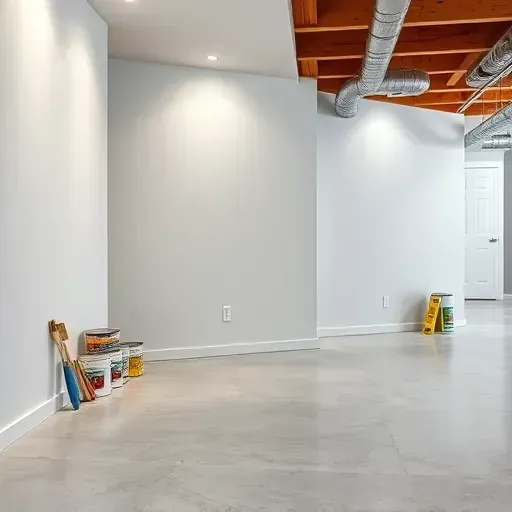 Painted basement with smooth gray walls, organized supplies, polished concrete floor, exposed ductwork, and warm lighting
