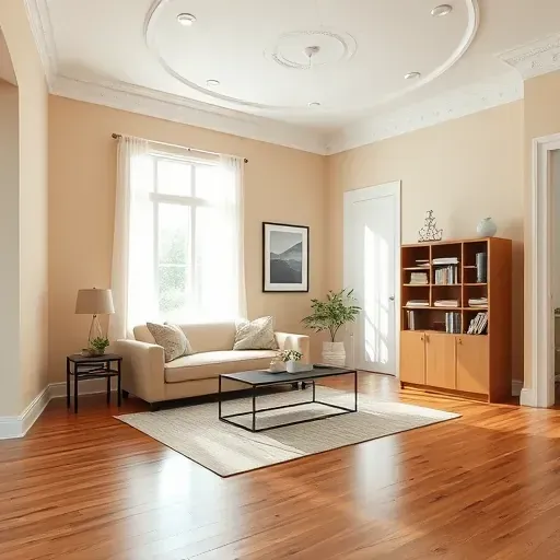 Modern living room in St. Francis WI with warm painted walls, white moldings, and contemporary furnishings for elegance.