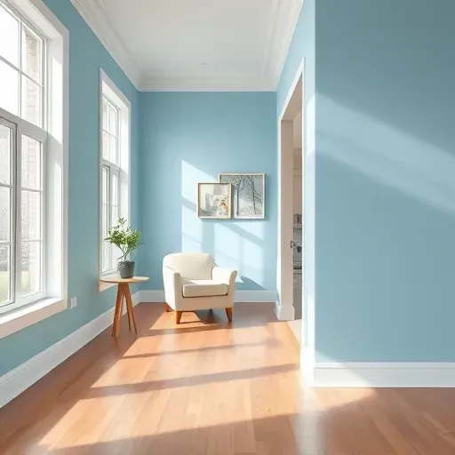 Freshly painted pastel blue interior in South Milwaukee with hardwood floors, modern decor, and a cozy reading nook.