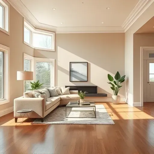 Modern living room interior in Port Washington WI with freshly painted neutral walls, polished hardwood floors, and stylish decor