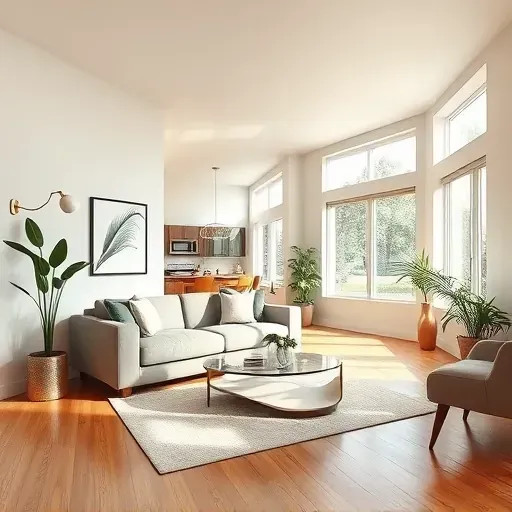 Freshly painted modern living room in West Allis WI with neutral walls, plush sofa, hardwood floors, and natural light
