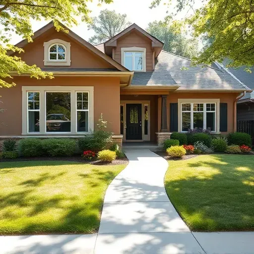 Exterior of a transformed residential home in Brown Deer WI featuring warm earth tones, sparkling windows, and lush landscaping.