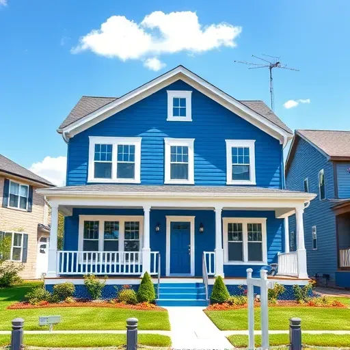 Beautifully painted blue residential home in Menomonee Falls with white trim, manicured lawn, and clear blue sky.