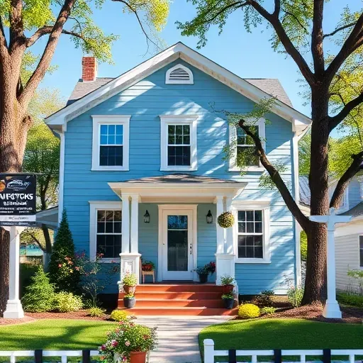 Completed painting project in Wauwatosa showcasing a renovated home with light blue siding and white trim, charming porch and garden.