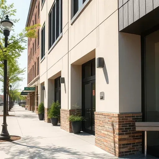 Freshly painted stucco and masonry exterior of a modern Milwaukee commercial building showing detailed textures, vibrant colors, and craftsmanship