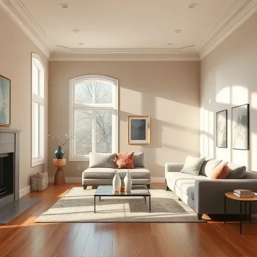 Beautiful Germantown living room interior with neutral painted walls, hardwood floors, plush furniture, and natural light.