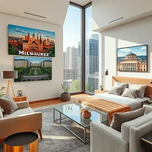 Beautiful Milwaukee living room and bedroom painting with vibrant colors, city skyline, iconic landmarks, and detailed decor