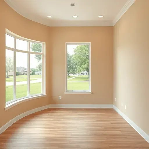 Freshly painted beige interior room in Thiensville WI with modern wood flooring, recessed lighting, and lush green views
