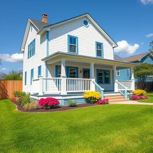Freshly painted two-story house in Caledonia WI featuring white siding, blue trim, and vibrant flower beds under sunny sky.