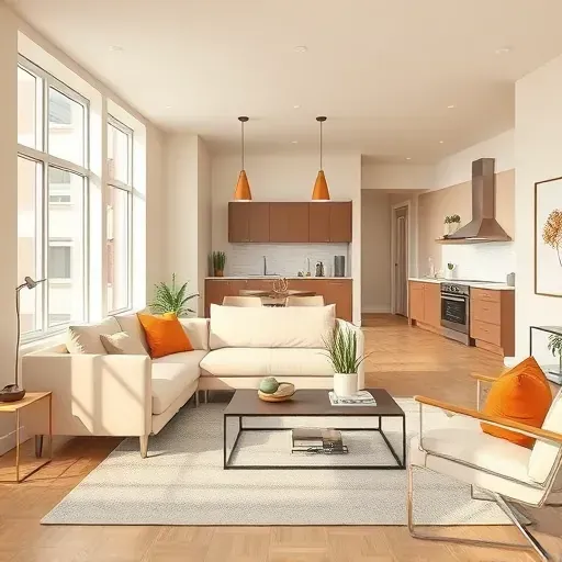 Bright modern Milwaukee apartment interior with neutral painted walls, spacious living area, sleek furniture, and open kitchen