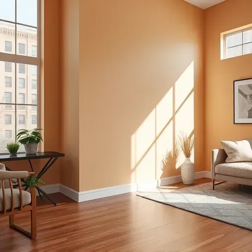 Freshly painted interior wall in Milwaukee with warm colors, natural light, and modern living room touches.