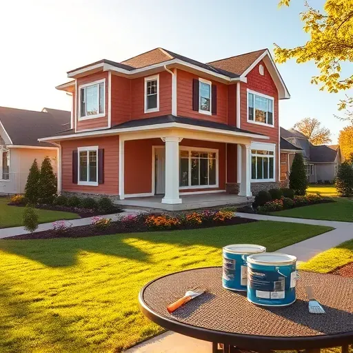 Freshly painted modern home in Muskego WI with vibrant colors, lush lawn, flower beds, and painting supplies on a patio.