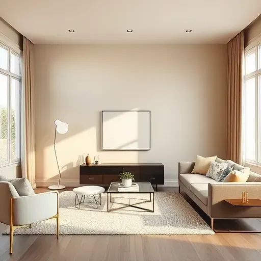Freshly painted warm neutral interior wall in a modern Pleasant Prairie living room with elegant furniture and natural daylight