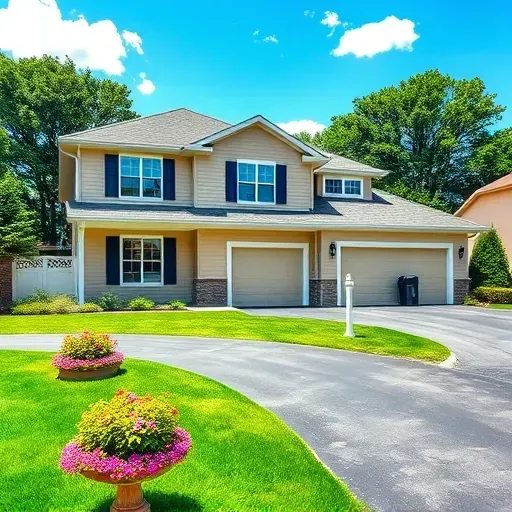 Beautifully painted two-story home in Sussex WI with beige walls, navy shutters, vibrant flowers, and a lush lawn.