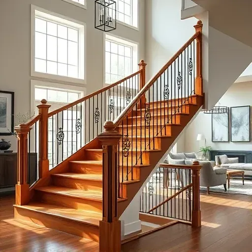 Beautiful finished staircase and railing painting in Milwaukee with polished wood, decorative metal details, and natural light.