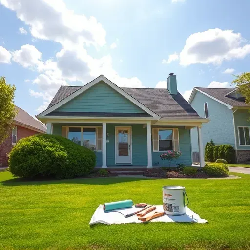 Freshly painted charming home in Caledonia WI, surrounded by lush greenery and tools hinting at expert craftsmanship.