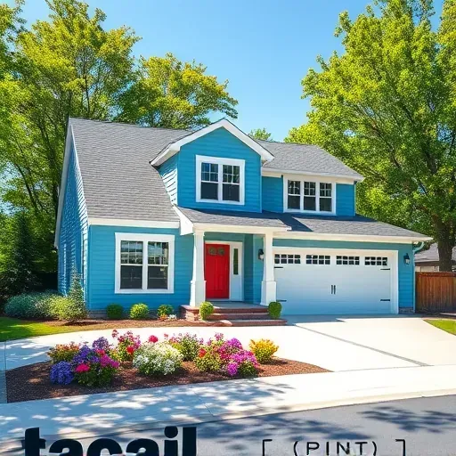 Freshly painted house in Bayside, WI, featuring vibrant blue and white trim, colorful flower beds, and a bright atmosphere.