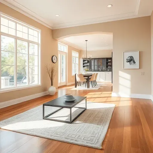 Modern living room in Wauwatosa with freshly painted beige walls, polished hardwood floors, and sleek decor.