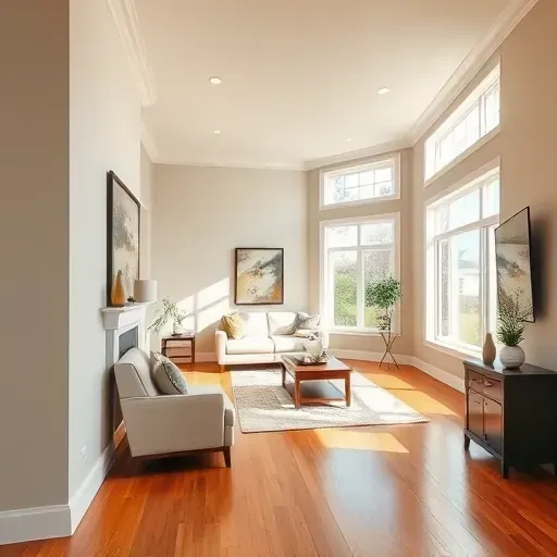 Interiors of a stylish Fox Point living room with neutral walls, polished floors, and natural light showcasing craftsmanship.