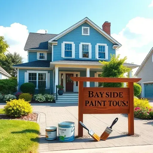 Freshly painted blue two-story house in Bayside, WI, surrounded by lush landscaping and a polished business sign.