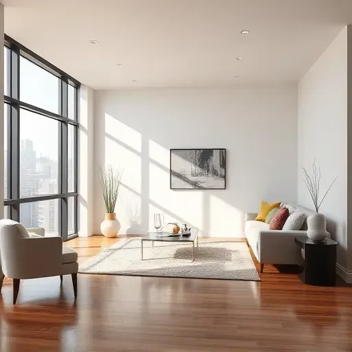 Freshly painted smooth interior wall in a modern Milwaukee home with natural light, elegant furniture, and city views