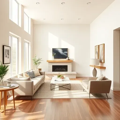Beautiful modern living room in Cedarburg WI with flawless neutral-painted walls, hardwood floors, stylish furniture, and natural light