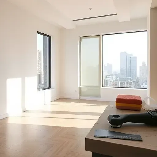 Finished drywall interior in Milwaukee with smooth walls, natural daylight, modern decor, and tools on a workbench