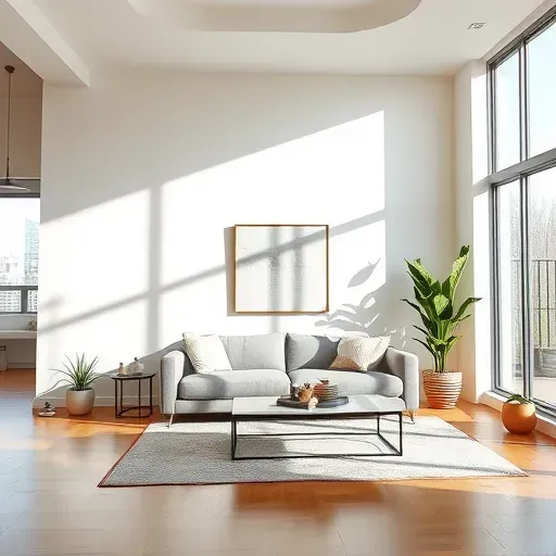 Freshly painted modern living room in Milwaukee with plush sofa, stylish decor, and natural light streaming in.