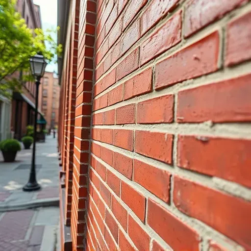 Freshly painted brick exterior wall of a historic Milwaukee building showing textured red and brown bricks, precise paint lines, and sunlight reflections
