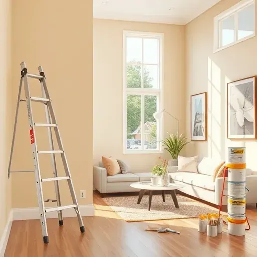 Freshly painted warm neutral interior wall in Racine Wisconsin with natural light, modern decor, and professional painting tools.