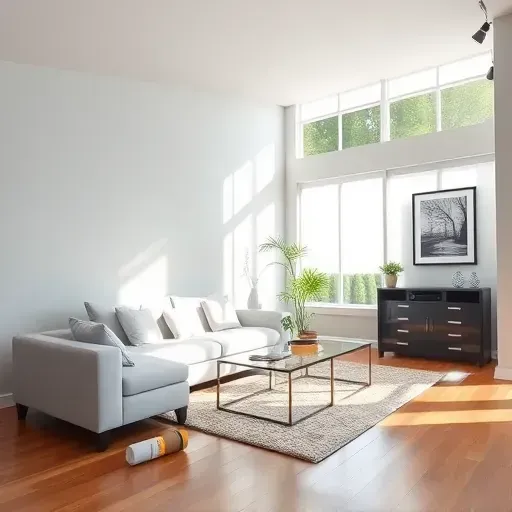 Freshly painted light gray interior wall in modern living room with natural sunlight, elegant furniture, hardwood floors, and decorative touches