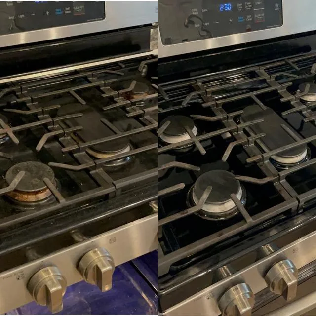 Before and after deep cleaning of a greasy stove showing spotless burners and a polished surface by Rux Cleaning.