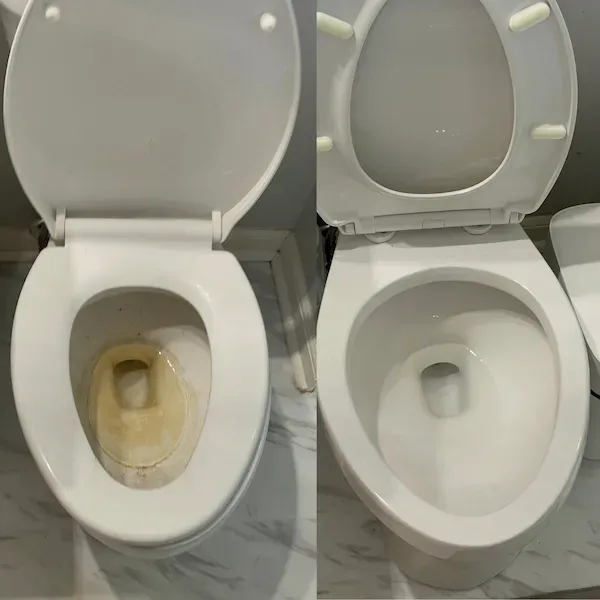 Before and after deep cleaning of a toilet showing spotless results by Rux Cleaning.