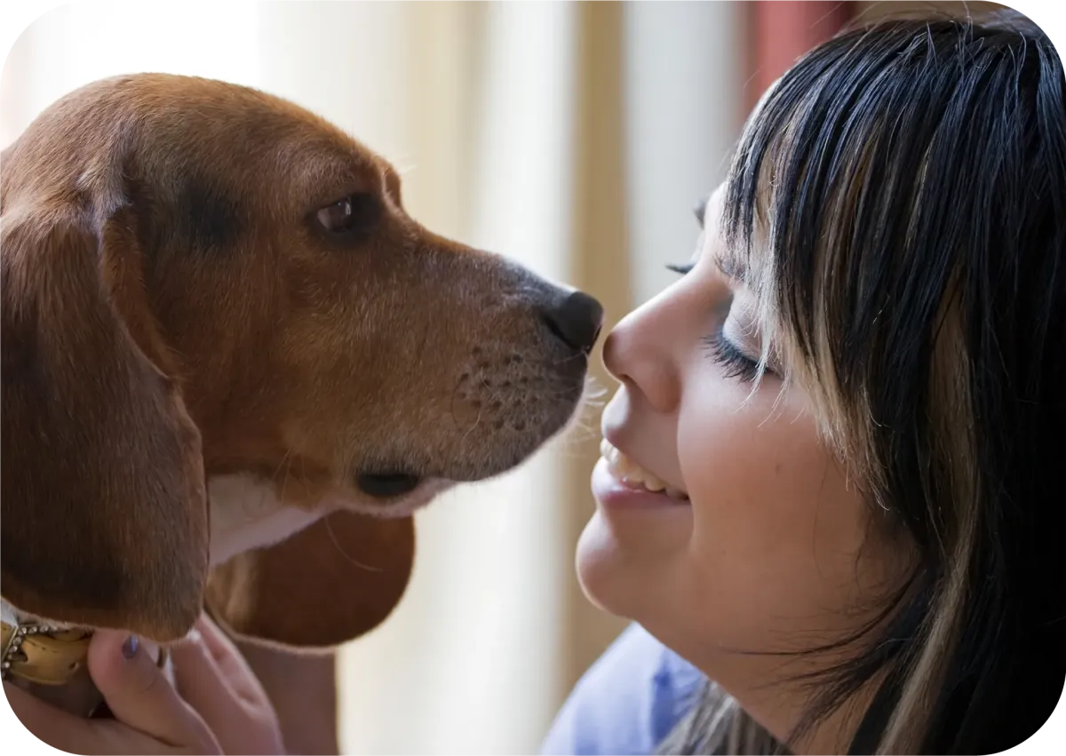 A woman snuggles with her cute dog at the MountainPeace shelter