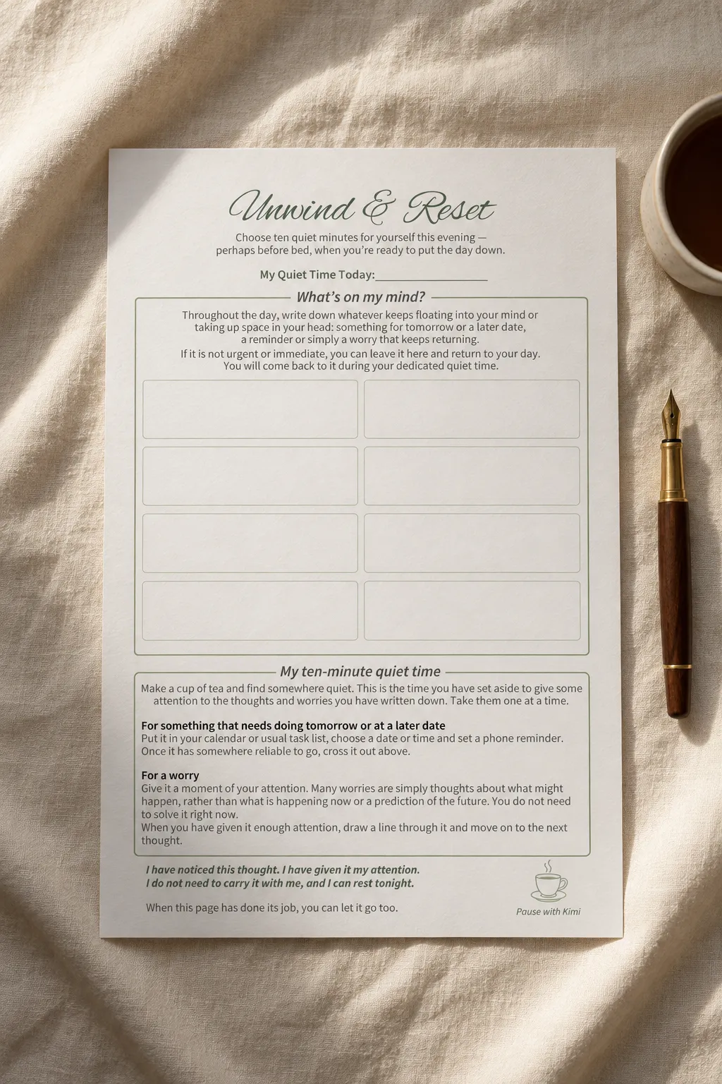 A4 printable Thoughts Sheet showing an eight-box mental offload system layout with delicate editorial lines