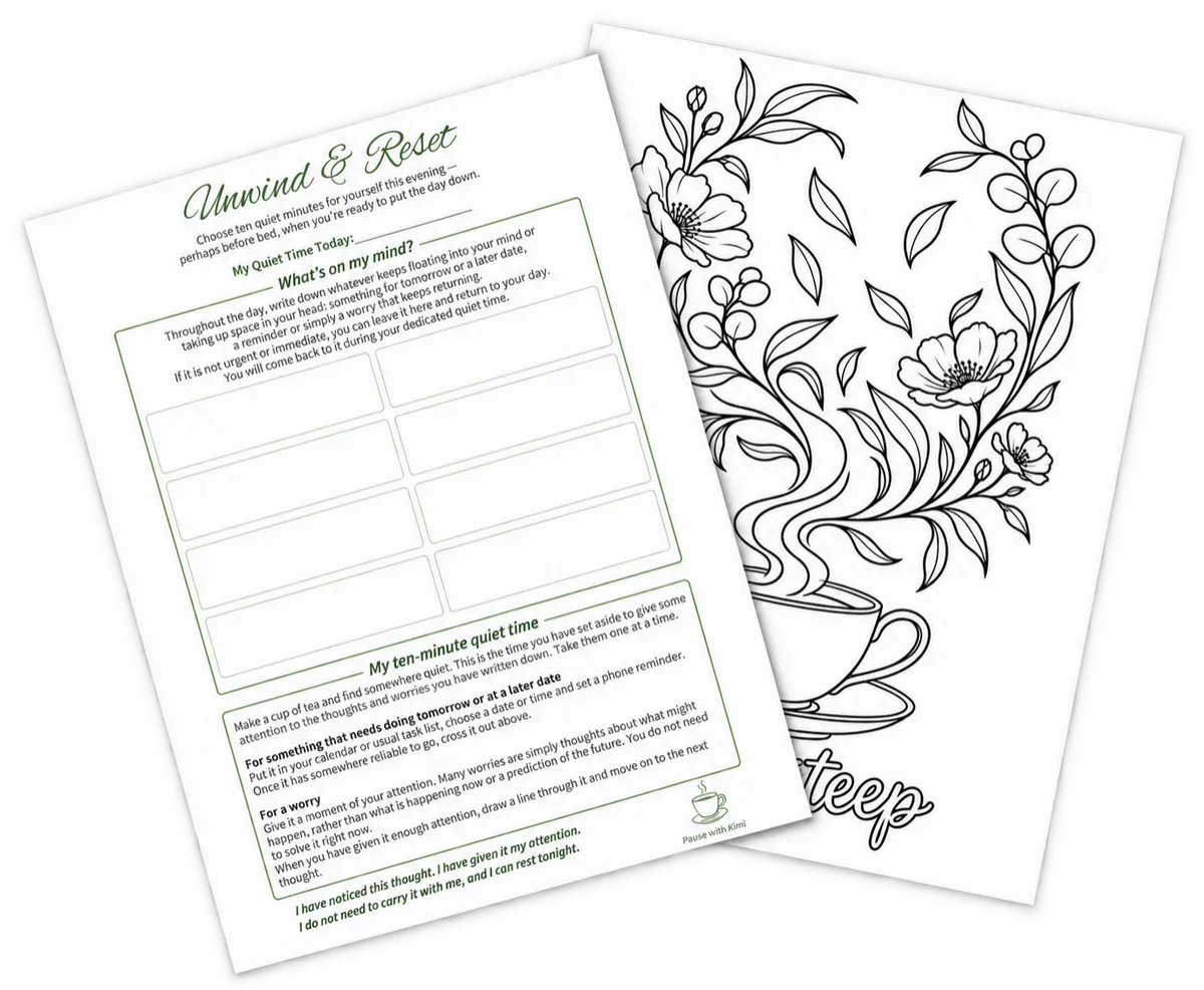 printable preview of Unwind and Reset evening mindfulness journal page on paper texture with sage border