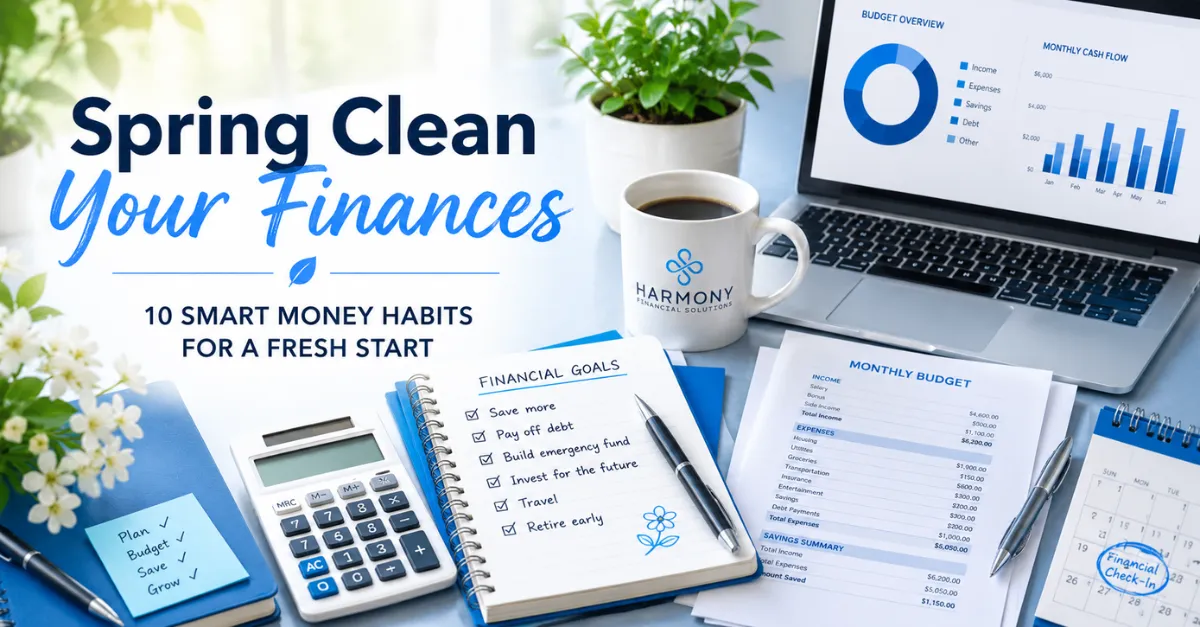 Desk workspace with budgeting documents, calculator, laptop, and coffee beside the text “Spring Clean Your Finances”