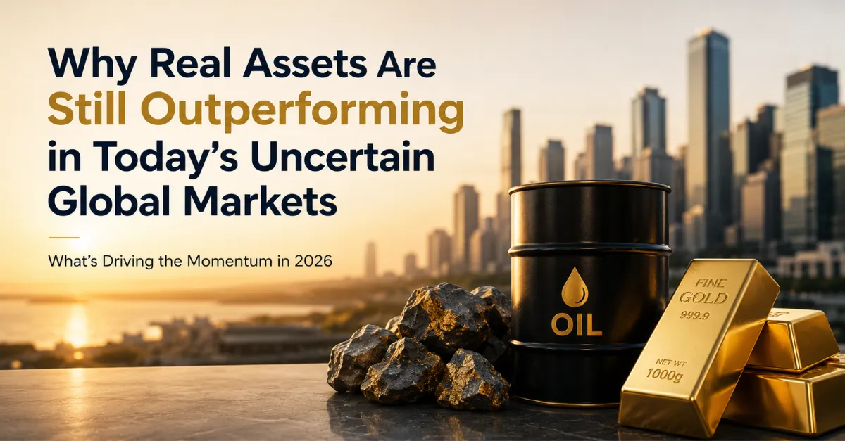 Gold bars, oil barrel, and commodities displayed against a modern city skyline representing real asset investing in uncertain global markets.