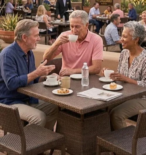 three upper middle class senior citizens sitting on a patio drinking coffee.