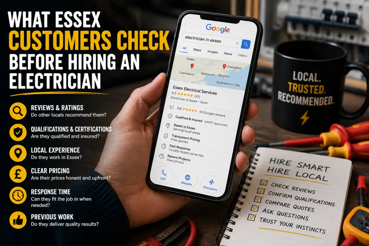 Learn what homeowners, landlords and businesses look for before hiring an Essex electrician, including registration, certification, reviews and clear quotations.
