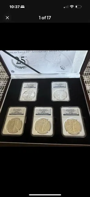 2011 Silver Eagle 25th Anniversary 5-Coin Set graded PCGS MS70 PR70 with original COA and display box — rare modern silver collectible from Time Tunnel Trading.