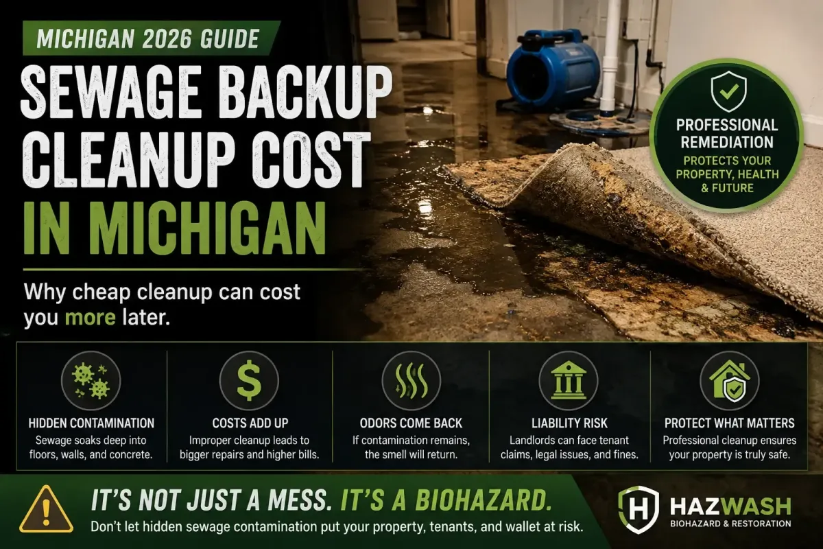 Sewage backup cleanup cost infographic showing contaminated flooring, hidden sewage damage, odor risks, and professional biohazard remediation in Michigan.