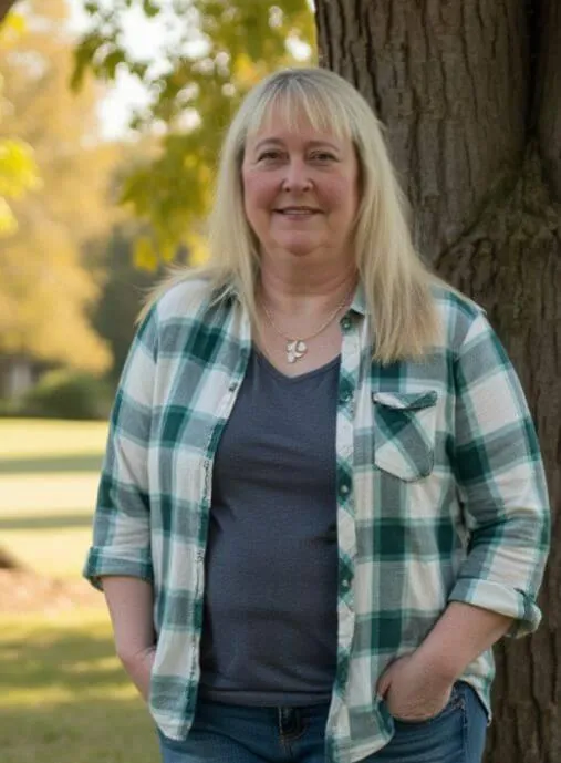 picture of Kimberly Meyer standing in front of a tree in the park wearing a tee and flannel shirt