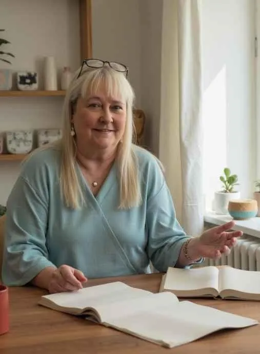 picture of a woman sitting at a desk with books open in front of her