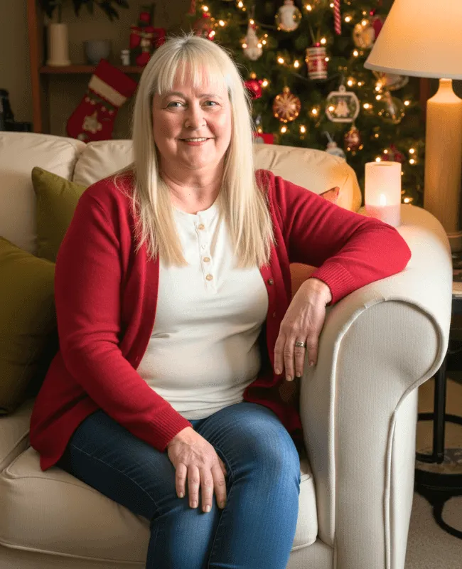 a woman wearing a christmas headband with a troubled look on her face