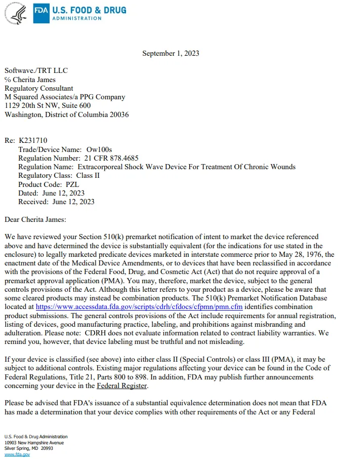FDA Clearance of SoftWave ESWT of Chronic Wounds